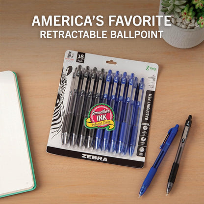Zebra Pen Z-Grip Retractable Ballpoint Pen, Smooth-Flowing Black Ink, 1.0mm Medium Point, School & Office Supplies, Ideal for Note-Taking, Journal and Planner Use, 18-Pack (22218)