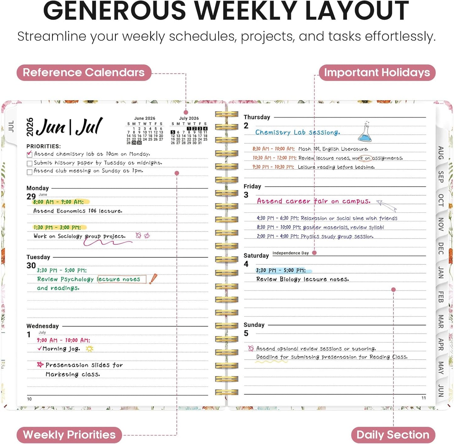 Planner 2026-2027, Academic Year Monthly and Weekly Calendar Planner, Jul 2026 - Jun 2027, Hardcover Teacher Student Planning Agenda book with Tabs, Perfect for School Office Supplies, 6.3" x 8.5" - Wildflowers