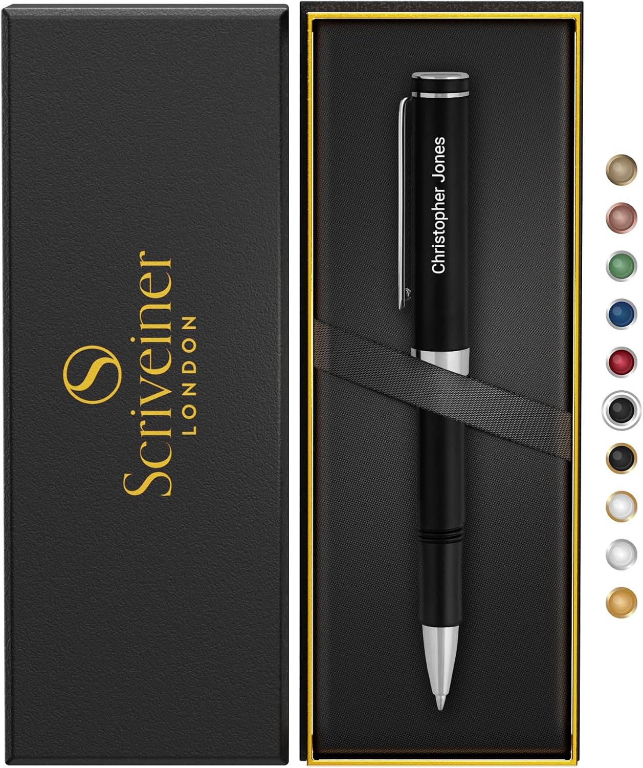Scriveiner Black Rollerball EDC Luxury Pen, Stunning Pocket Pen with Chrome Finish, Cool Writing, Best Gift for Men & Women, German Schmidt Refill, Nice Present, Fancy Office Designer Set