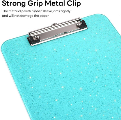 A4 Plastic Glitter Clipboard, Sparkly Pink 12.5 x 9 Letter Size for Classroom, Students, Teacher, Nurse, 8.5 x 11 Clip Board with Low Profile Clip, Office & School Supplies