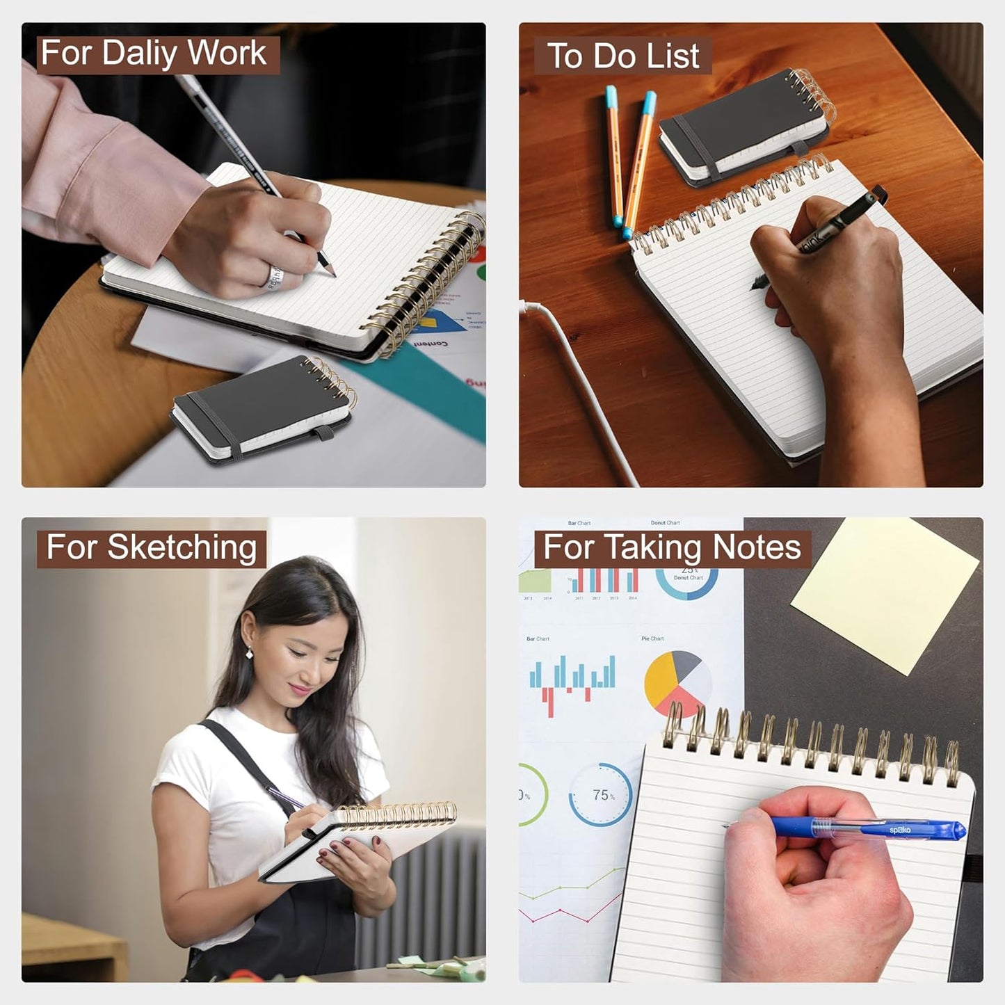 Yoment Small Notebooks 3x5 Leather Pocket Notepad 150 Pages Mini Top Spiral Notebook, 100 GSM Thick Paper, Memo Note Pads for Work School Nursing, Brown