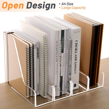 SANRUI Desk Organizer Clear Acrylic Desk Magazine File Holder with 3 Vertical Sections Magazine Rack File Organizer for Office, Home, School