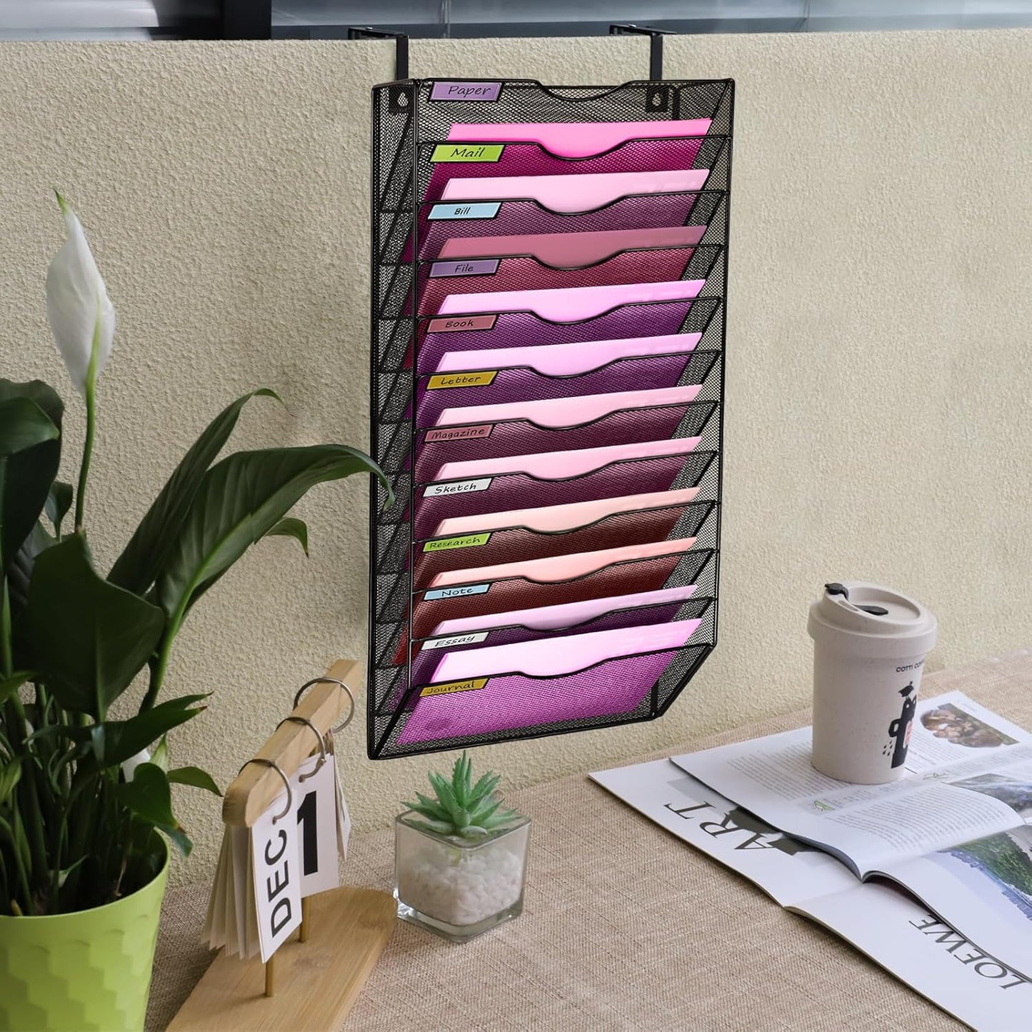 1 Pocket Mesh Wall File Holder Organizer Office Hanging File Folder Magazine Rack, Nametag Label Hooks Set Included (Black)