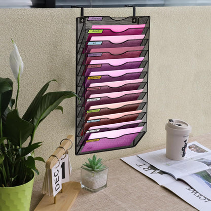1 Pocket Mesh Wall File Holder Organizer Office Hanging File Folder Magazine Rack, Nametag Label Hooks Set Included (Black)