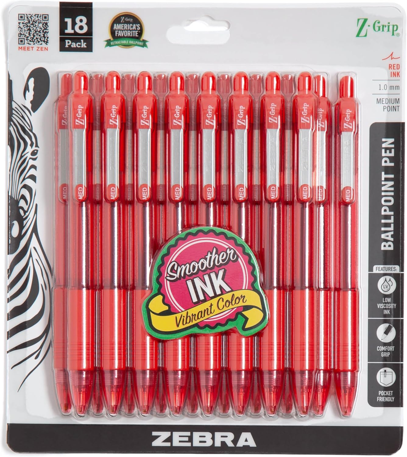 Zebra Pen Z-Grip Retractable Ballpoint Pen, Smooth-Flowing Black Ink, 1.0mm Medium Point, School & Office Supplies, Ideal for Note-Taking, Journal and Planner Use, 18-Pack (22218)