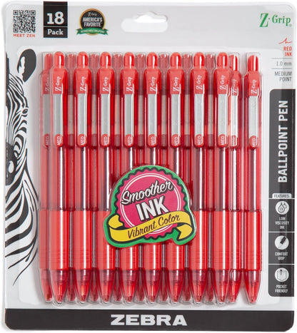 Zebra Pen Z-Grip Retractable Ballpoint Pen, Smooth-Flowing Black Ink, 1.0mm Medium Point, School & Office Supplies, Ideal for Note-Taking, Journal and Planner Use, 18-Pack (22218)