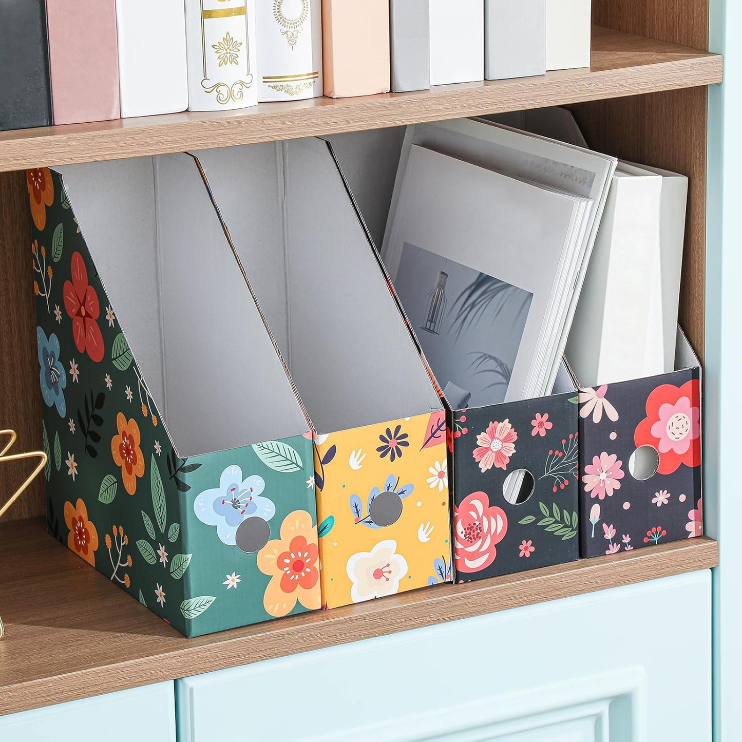 PerKoop 6 Pcs Decorative Magazine File Holders Floral Foldable File Folders Magazine Storage Boxes Rack Desk Organizer Documents with Printable Labels for School Office Home (Floral)