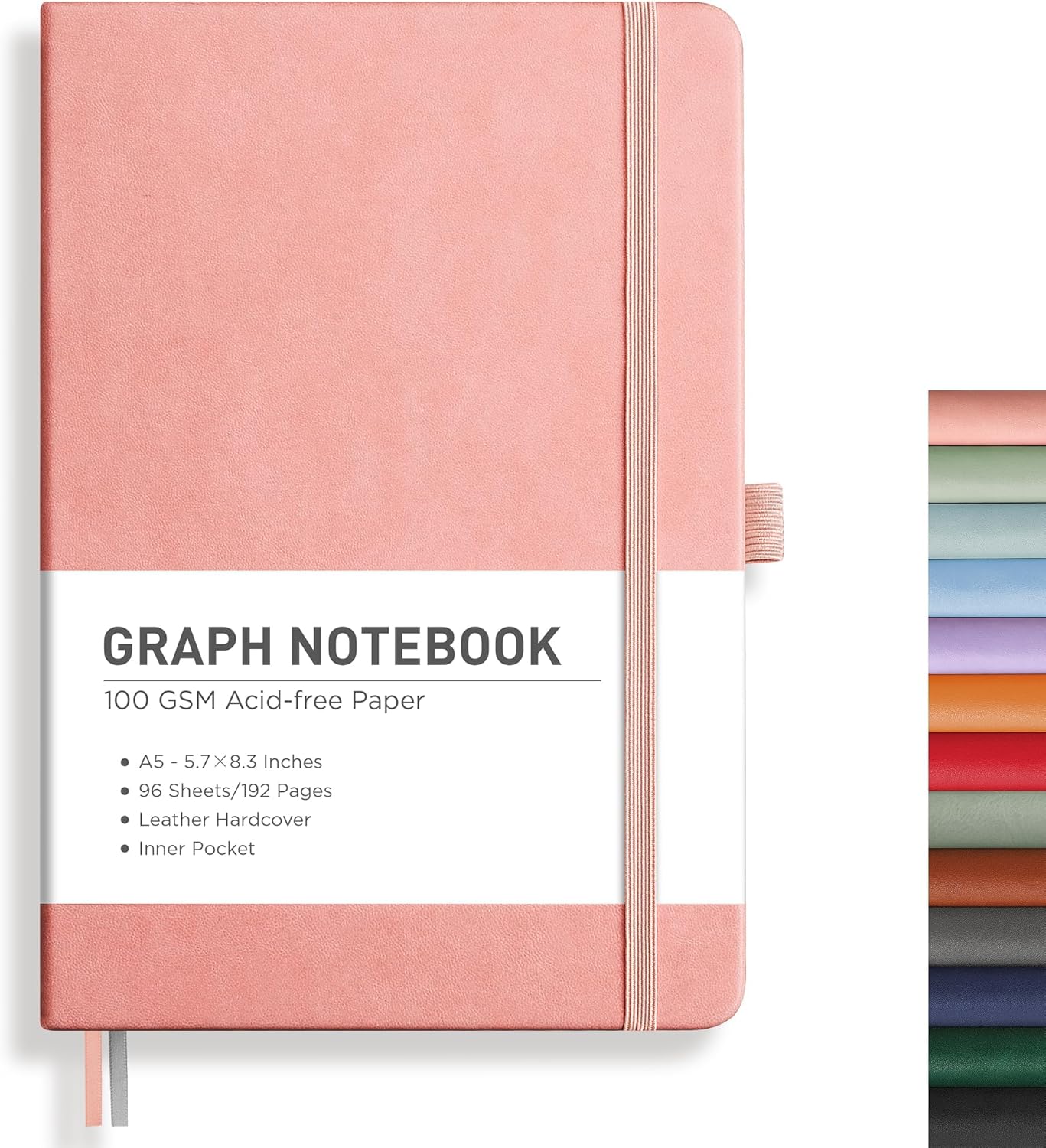 RETTACY Graph Grid Paper Notebook, 192 Pages, A5 Medium Size (5.7'' x 8.3''), 5 Squares per Inch, Leather Hardcover, 100 GSM Thick Paper, for School, Students, Math, Engineering (Brown)