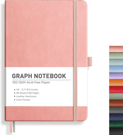 RETTACY Graph Grid Paper Notebook, 192 Pages, A5 Medium Size (5.7'' x 8.3''), 5 Squares per Inch, Leather Hardcover, 100 GSM Thick Paper, for School, Students, Math, Engineering (Brown)