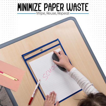 Essex Wares - 6 Pack, Assorted, Dry Erase Pocket Document Protectors, 10" Wide x 13.5" Tall- Dry Erase Clear Plastic Sleeves - Reusable & Easy Erase Plastic Invoice Holders, Water-Resistant & Durable