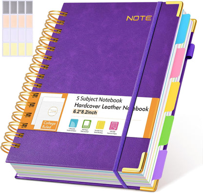 Hardcover Large Spiral Notebook 8.5" x 11" with Removable Dividers Tabs, 300 pages Leather 5 Subject Notebook College Ruled, A4 Journal for Women Men, Notebooks for Work School Note taking,Black