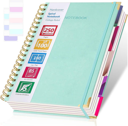 College Ruled Notebook, Spiral Notebook, Leather Hardcover Notebook Journal for Women Men, 5 Subject Notebook with Dividers, Journaling Notebooks for Work School, B5 Lined Notebook, 8" x 10", Teal