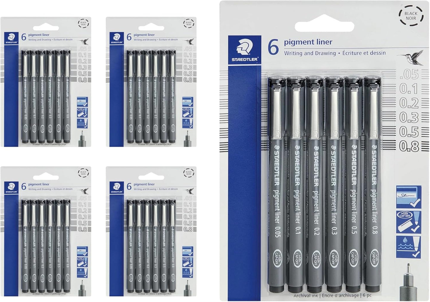 Staedtler Pigment Liner Pack, Black, 8 Pens, Assorted Line Widths, 0.05mm, 0.1mm, 0.2mm, 0.3mm, 0.5mm, 0.8mm, 1.0mm, 1.2mm