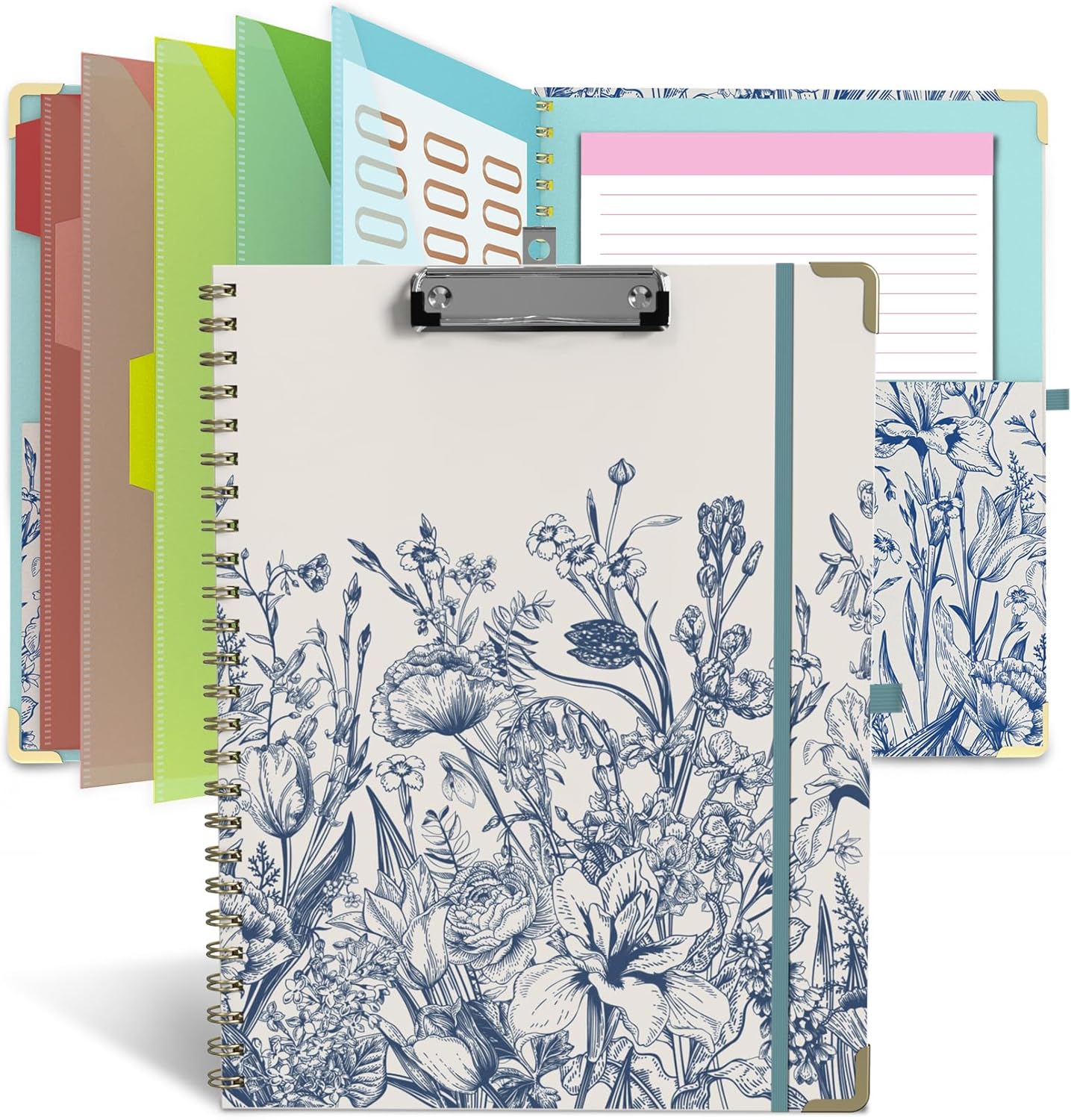 Foldable Clipboard Folio with Storage, 5 Plastic Folders with 10 Pockets,Refillable Lined Notepad (11" x 8.5"), Hardcover Project Organizer Nursing Teacher School Essentials
