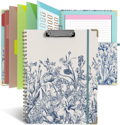 Foldable Clipboard Folio with Storage, 5 Plastic Folders with 10 Pockets,Refillable Lined Notepad (11" x 8.5"), Hardcover Project Organizer Nursing Teacher School Essentials