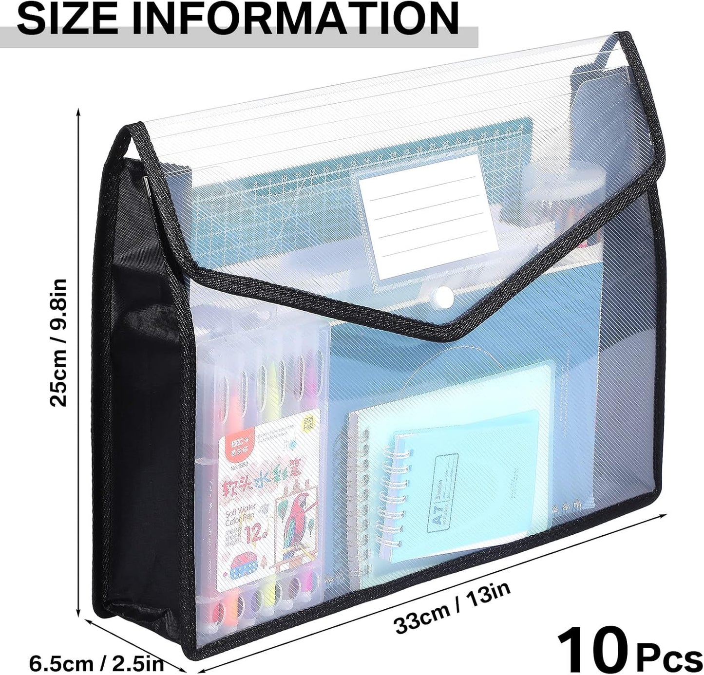 10 Pieces Plastic File Folders Envelope Expanding File Wallet Organizer Documents Folder with Snap Closure and Pocket, A4 Size Waterproof Transparent Pouch(White,Horizontal)