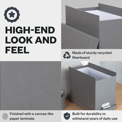 Bigso John Fiberboard Label Frame Desktop File Storage Box - Document Organizer for Important Paperwork - Durable Hanging File Box with a Lid & Metal Label Window - 7.36 x 13.38 x 10.51 in - White