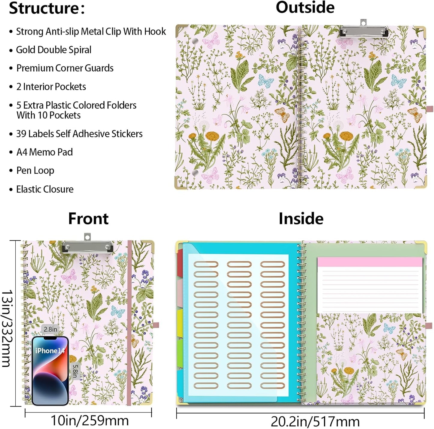 Clipboard Folder with Notepad Refillable Lined for Letter Size (11" x 8.5"), 5 Dividers with Storage 10 Pockets, Cute Spiral Foldable Clipboard with Metal Clip School Office Supplies (Sunflowers)