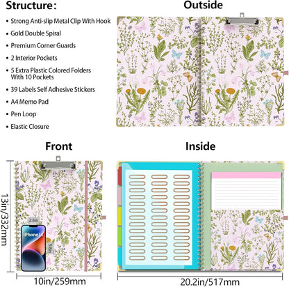 Clipboard Folder with Notepad Refillable Lined for Letter Size (11" x 8.5"), 5 Dividers with Storage 10 Pockets, Cute Spiral Foldable Clipboard with Metal Clip School Office Supplies (Sunflowers)