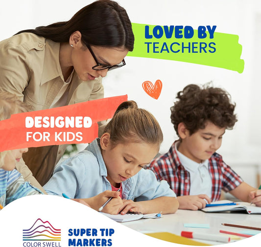 Color Swell Super Tip Markers 6 Boxes of 8 Washable Vibrant Colors (48 Total) Perfect Bulk Marker Pack for Kids, Parties, Classrooms