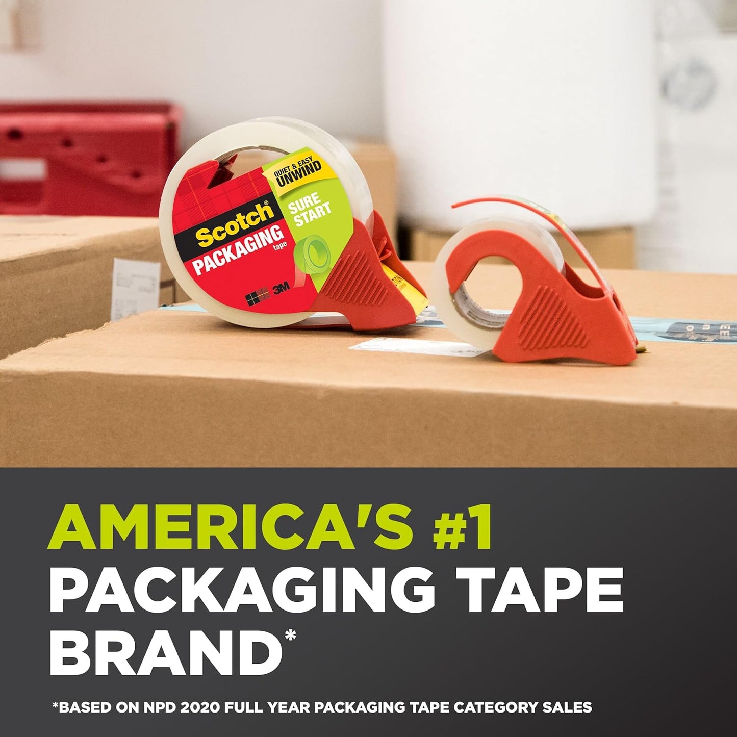 Scotch Sure Start Packing Tape, Clear, Quiet Unwind and Easy Start, Moving Supplies, 1.88 inch x 22.2 Yard, 2 Tape Rolls with Dispensers