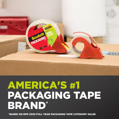 Scotch Sure Start Packing Tape, Clear, Quiet Unwind and Easy Start, Moving Supplies, 1.88 inch x 22.2 Yard, 2 Tape Rolls with Dispensers