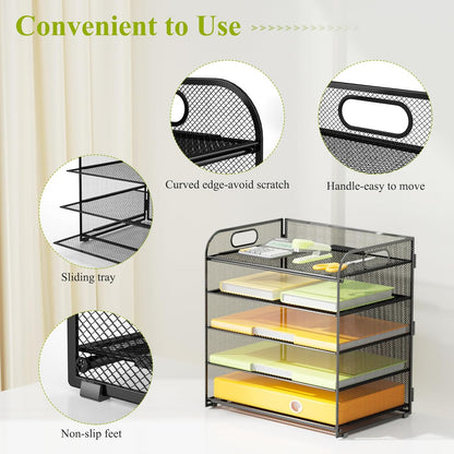 VIEERINN 5 Tier Paper Letter Tray Organizer with Handles, Mesh Desk File Organizer Metal Paper Sorter Holder, Desktop Document Shelf Tray Storage Organization for Office School Home