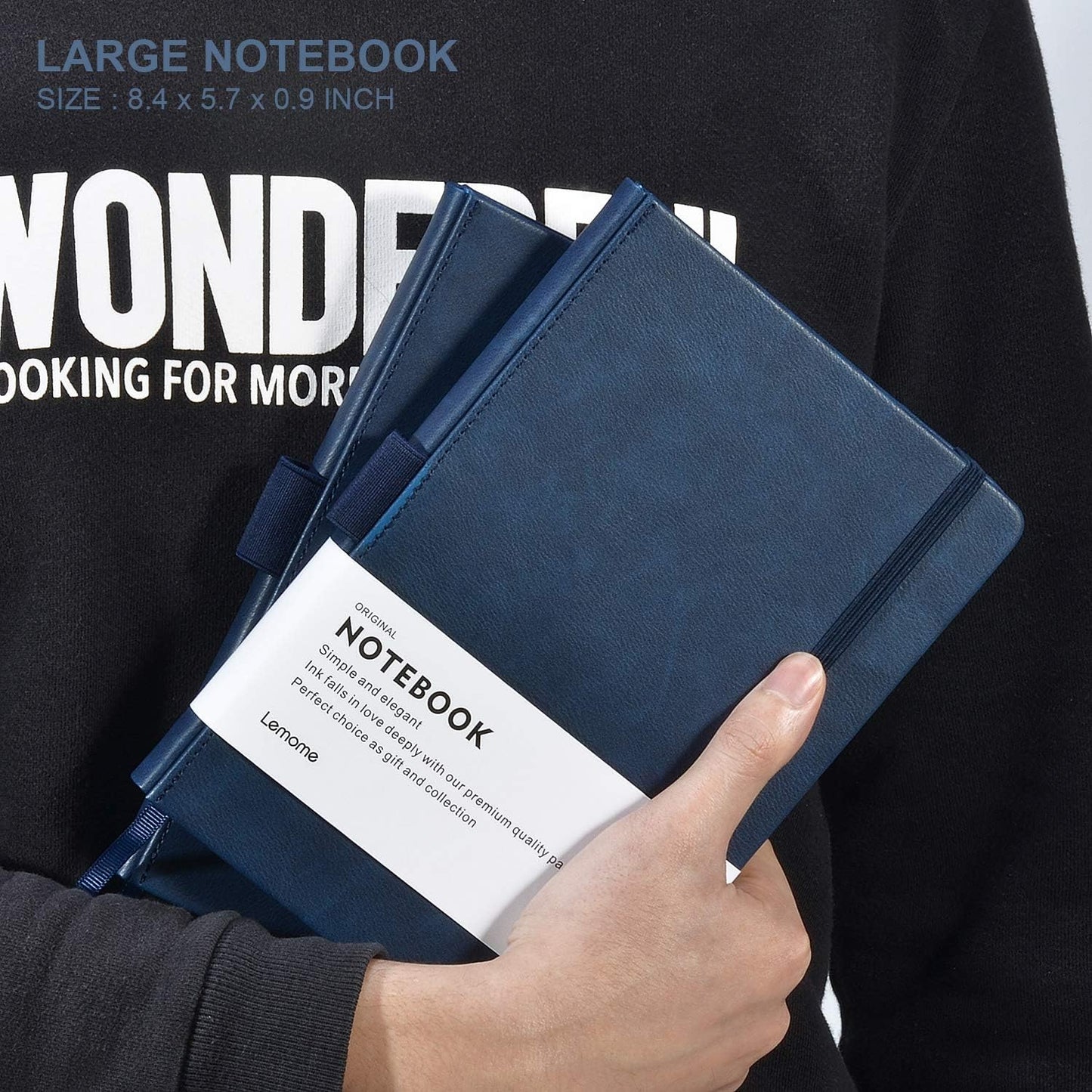 Lemome Thick Classic Notebook with Pen Loop A5 College Ruled Hardcover Writing Notebook with Pocket + Page Dividers Gifts, Banded, Large, 180 Pages, 8.4 x 5.7 in