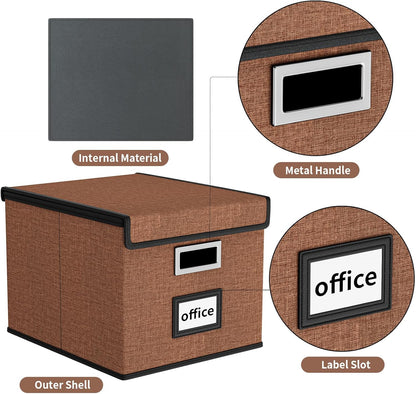 Huolewa Upgraded Portable File Organizer Box with Lid, Collapsible Linen Hanging Filing Storage Boxes with Plastic Slides, Decorative Home/Office Filing System Box for File and Folders Storage (Gray)
