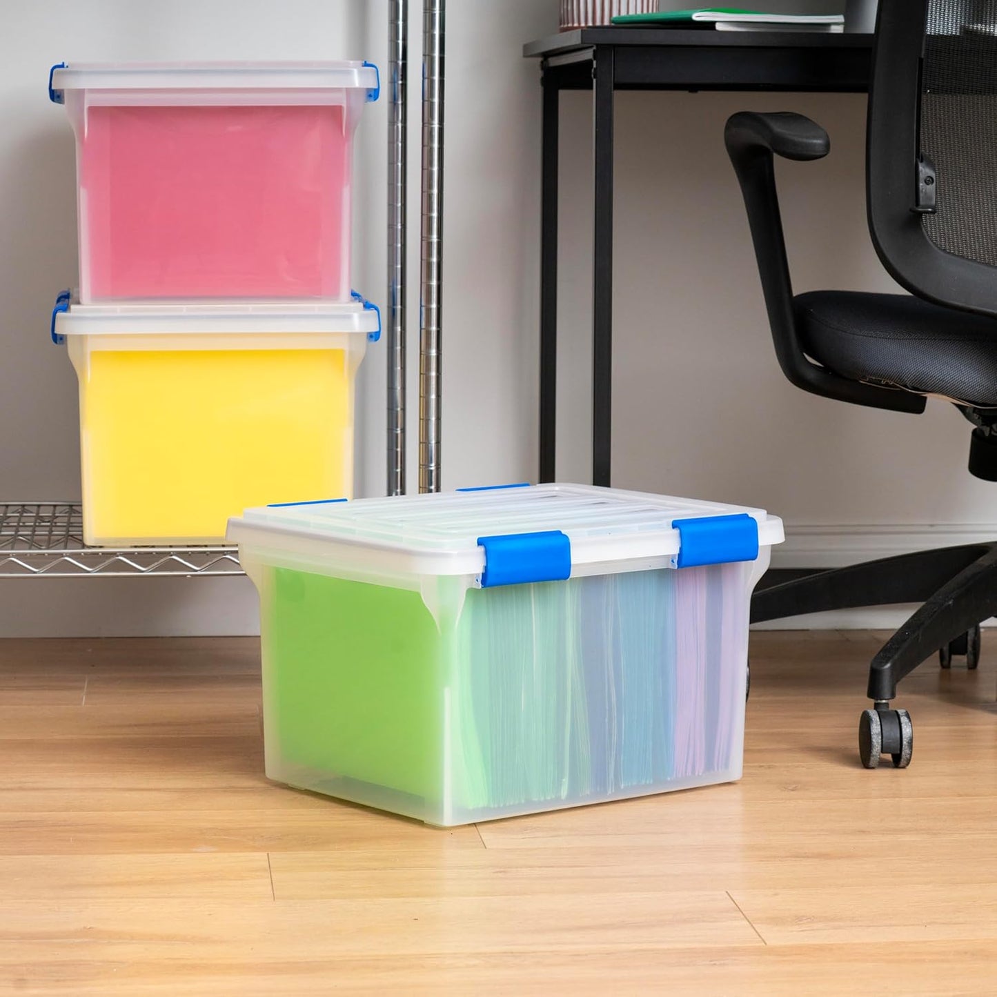 IRIS USA File Box, File Organizer w/Hinged Split Lid for Letter File, Important Document Box, Plastic Storage Filing Bin for Moving, Stackable Nestable Portable, Pearl 44 Qt. 4 Pack