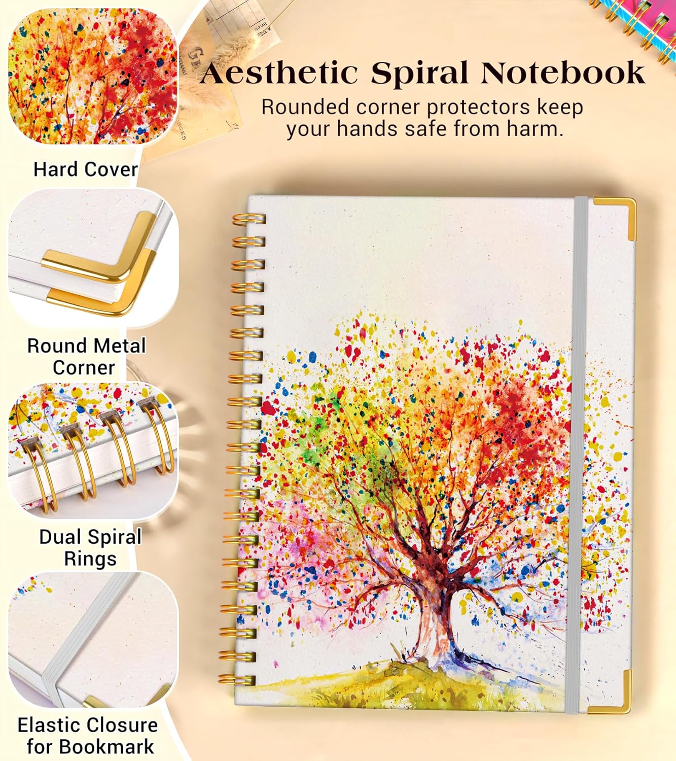 Lined Spiral Notebook Journal for Women, 200 Pages Cute Notebooks 8.5” x 11”, A4 Large Hardcover Spiral Journals with 100 GSM Thick Paper, College Ruled Notebook for Writing Work School, Autumn Tree