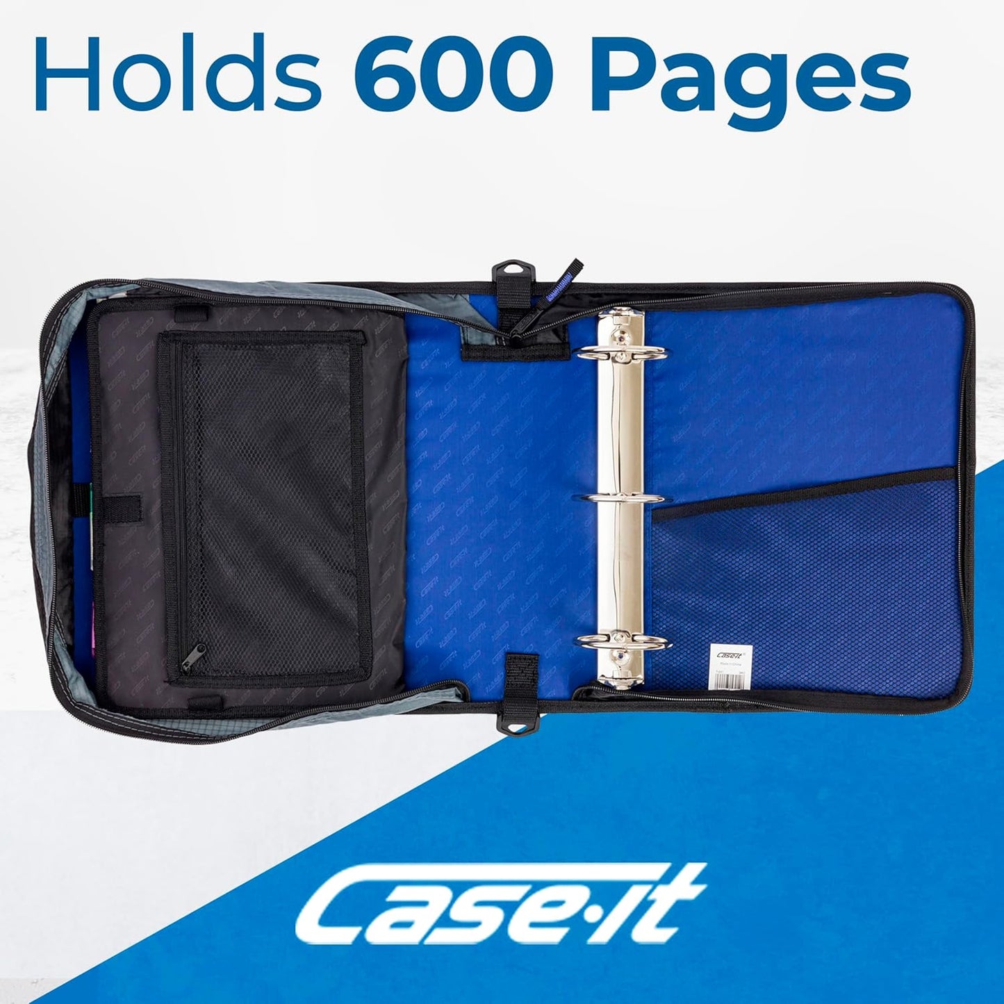 Case-it Mighty Zip Tab School Zipper Binder | 3-Inch O-Rings, 600-Sheet Capacity, 5-Subject Expanding File Folder, Multiple Pockets & Storage Organizer, Shoulder Strap | D-146 Jet Black
