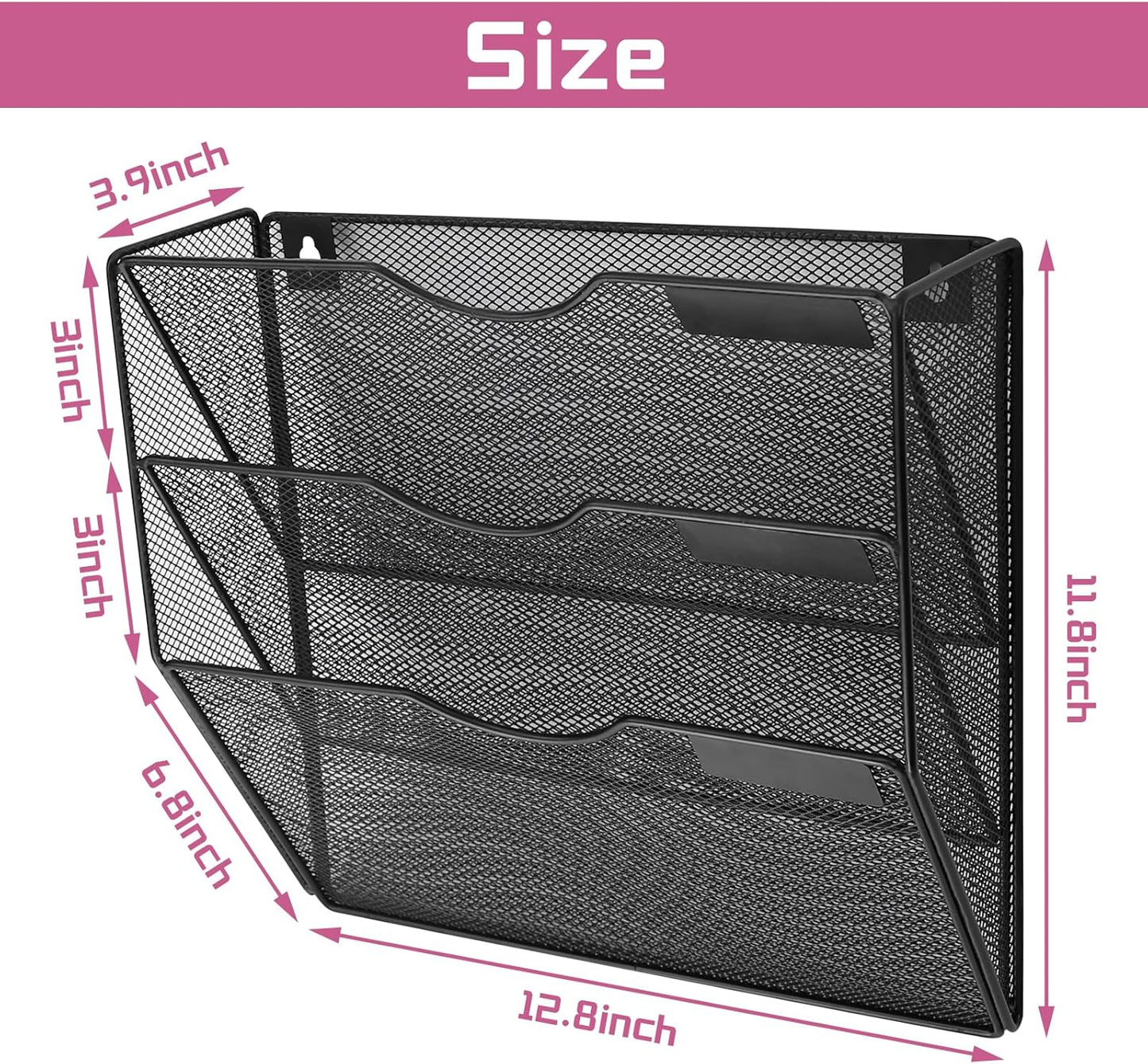1 Pocket Mesh Wall File Holder Organizer Office Hanging File Folder Magazine Rack, Nametag Label Hooks Set Included (Black)