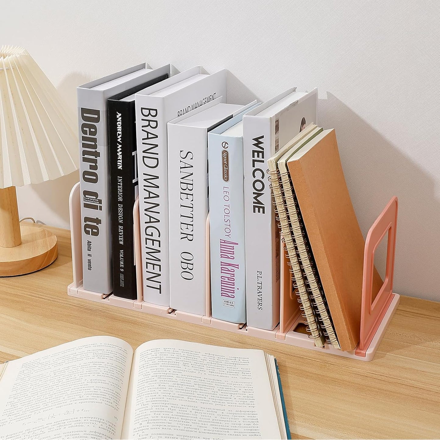 BAYTORY Gradient Desk File Holder, Vertical File Organizer with Adjustable Dividers, Desktop Book Organizer, Binder Shelf for Office Desk (4 Slots, Pink)