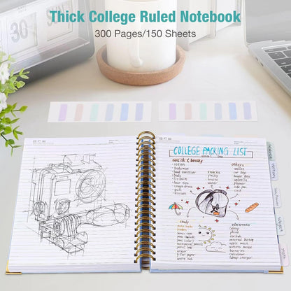 Spiral Notebook, College Ruled Notebook, 8" x 10", 300 Pages Leather Journals for Writing, B5 Hardcover Journaling Notebooks for Work School, 24pcs Tabs, Large Embossed Journal for Women Men, Black