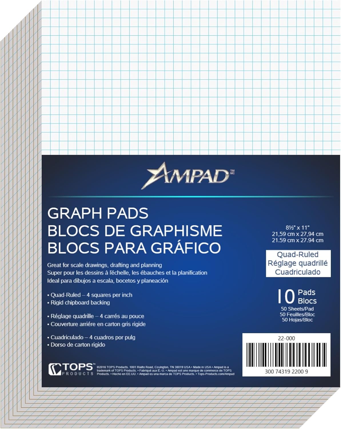 Ampad Evidence Quadrille Pad, Size 8-1/2 x 11, White Paper, 4x4 Quad Ruling, 20 Pound Premium Stock Paper, 50 Sheets Per Pad (22-000)
