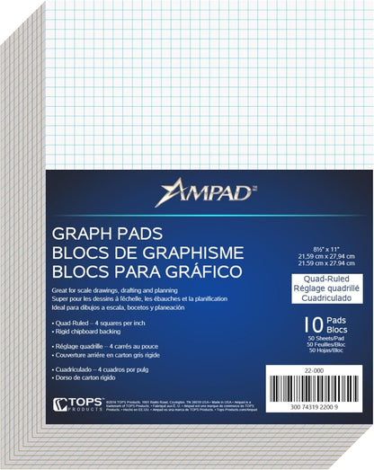 Ampad Evidence Quadrille Pad, Size 8-1/2 x 11, White Paper, 4x4 Quad Ruling, 20 Pound Premium Stock Paper, 50 Sheets Per Pad (22-000)