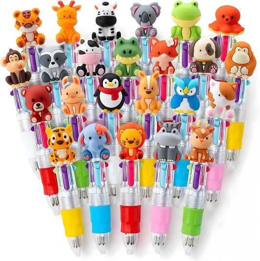 DMIGHT Mini Safari Animal Multicolor Pens in One 4-in-1 Cute Pens Bulk for Kids, Ballpoint Pen for Birthdays and Children's Parties, Fun Gifts Assorted Ink Kawaii Pen (24, Multicolor, 24)