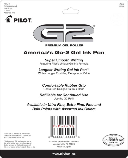 Pilot G2 Premium Refillable And Retractable Gel Ink Pens, Fine Point (0.7mm), 8 Colors, 8 Count (16606)