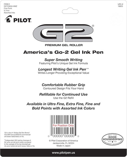 Pilot G2 Premium Refillable And Retractable Gel Ink Pens, Fine Point (0.7mm), 8 Colors, 8 Count (16606)
