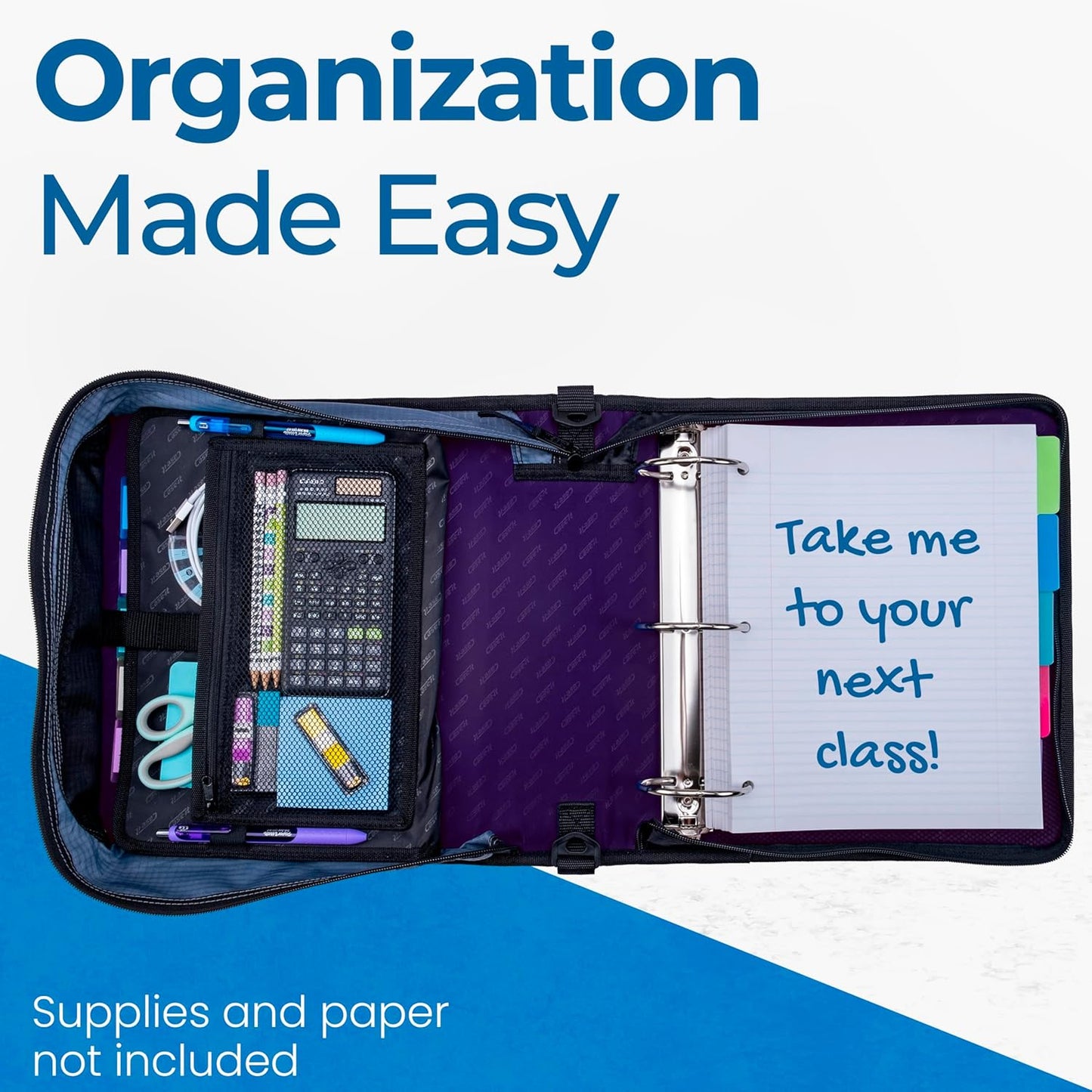 Case-it Mighty Zip Tab School Zipper Binder | 3-Inch O-Rings, 600-Sheet Capacity, 5-Subject Expanding File Folder, Multiple Pockets & Storage Organizer, Shoulder Strap | D-146 Jet Black