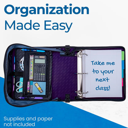 Case-it Mighty Zip Tab School Zipper Binder | 3-Inch O-Rings, 600-Sheet Capacity, 5-Subject Expanding File Folder, Multiple Pockets & Storage Organizer, Shoulder Strap | D-146 Jet Black
