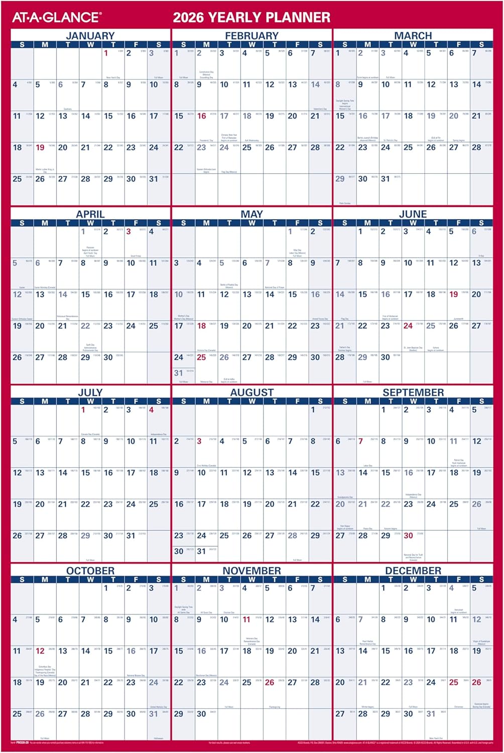 AT-A-GLANCE 2026 Erasable Calendar, Dry Erase Wall Planner, 12" x 16", Small, Vertical-Horizontal, Reversible, Compact (PM330B2826)