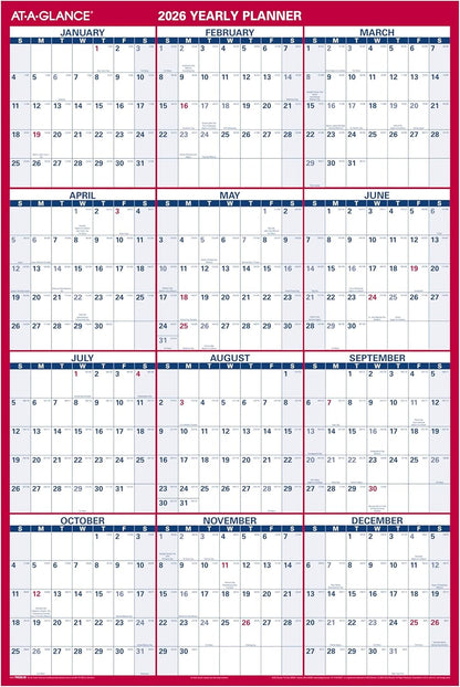 AT-A-GLANCE 2026 Erasable Calendar, Dry Erase Wall Planner, 12" x 16", Small, Vertical-Horizontal, Reversible, Compact (PM330B2826)