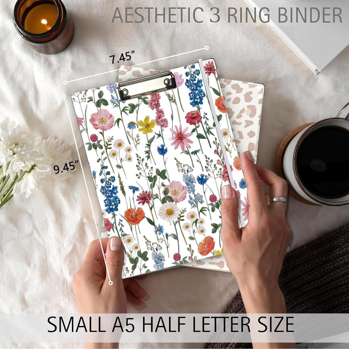 3 Ring Binder 1 Inch, Three Ring Binders Organizer with Clipboard, 5-Tabs Pockets Dividers, Plastic Folder, 18 Divider Stikers, BVSSX Pretty Binder with Pen Loop (Black Weeds, Letter Size)
