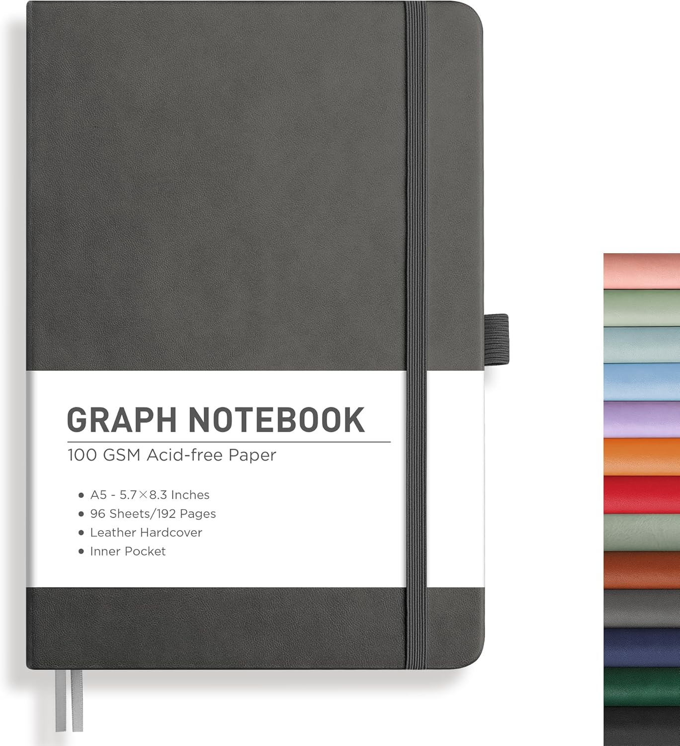 RETTACY Graph Grid Paper Notebook, 192 Pages, A5 Medium Size (5.7'' x 8.3''), 5 Squares per Inch, Leather Hardcover, 100 GSM Thick Paper, for School, Students, Math, Engineering (Brown)