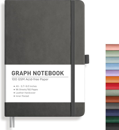 RETTACY Graph Grid Paper Notebook, 192 Pages, A5 Medium Size (5.7'' x 8.3''), 5 Squares per Inch, Leather Hardcover, 100 GSM Thick Paper, for School, Students, Math, Engineering (Brown)