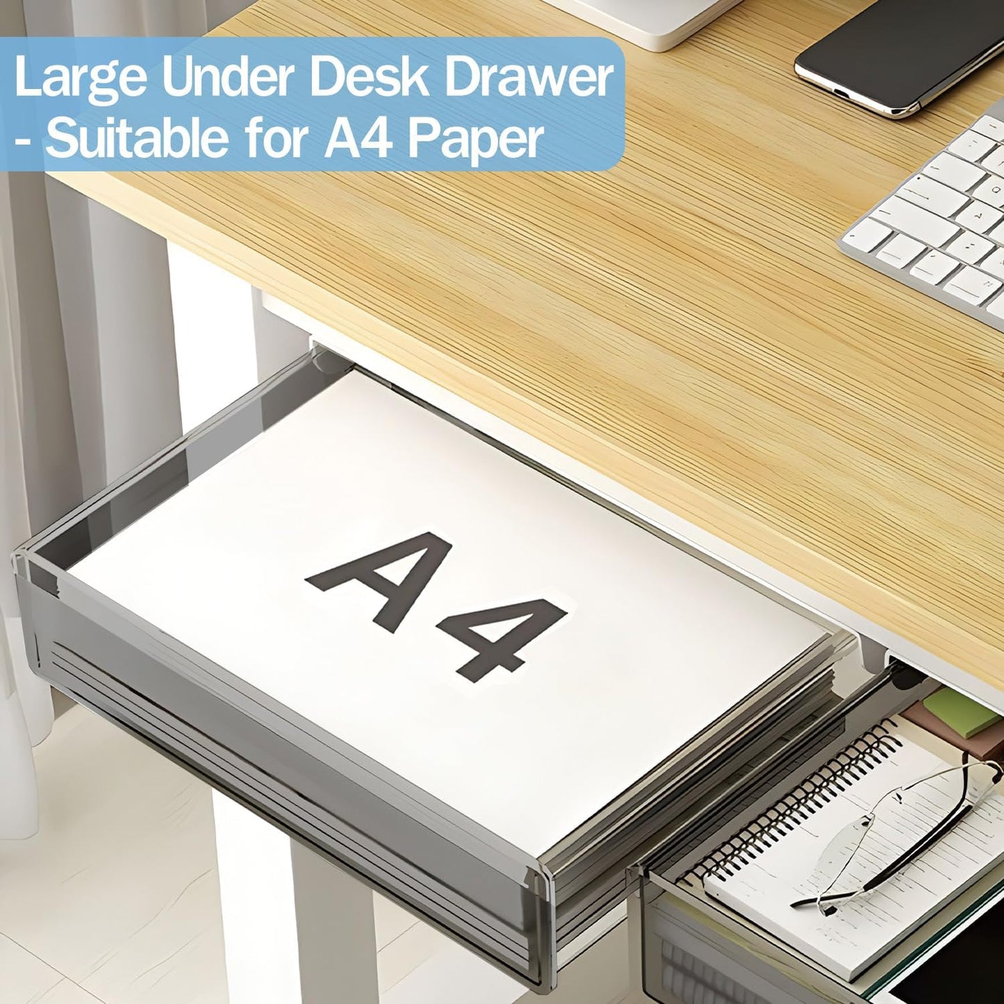 SVNNELP Under Desk Table Drawer Storage Organizer Slide Out, Attachable Hidden Self-Adhesive Under Desk Pencil Tray Drawer for Office/Classroom/Home (Clear Black/M)