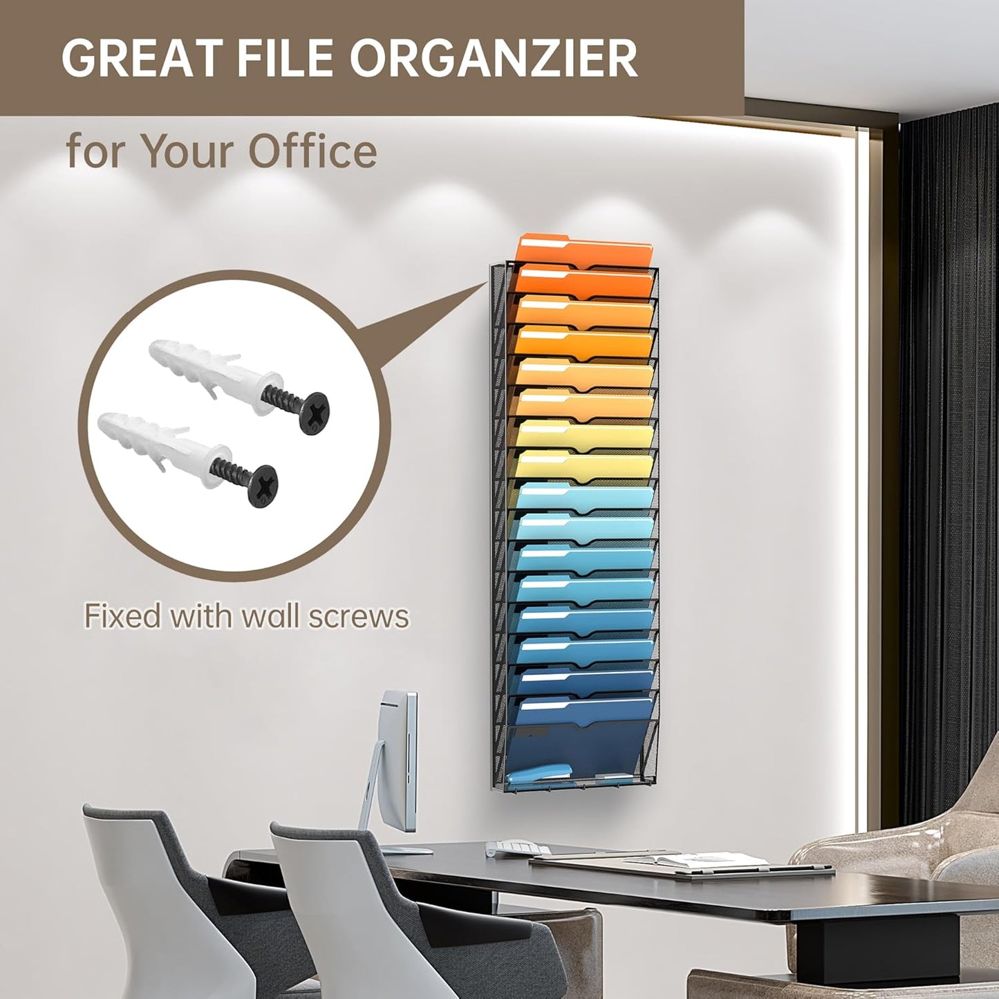 SUPEASY 7-Tier Mesh Wall File Holder, Hanging Wall File Organizer, Office Organization for Papers, Mails, Folders, Files Clipboard Magazine Rack, Black
