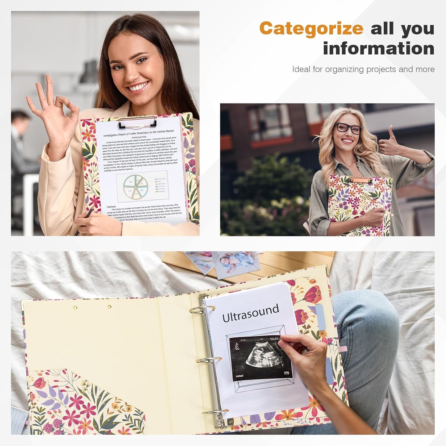 Ospelelf Binder 3 Ring 1 Inch, Floral Round Ring Clipboard Binder for Letter Size with 5 Tab Dividers, File Folder Labels, for School and Office Supplies
